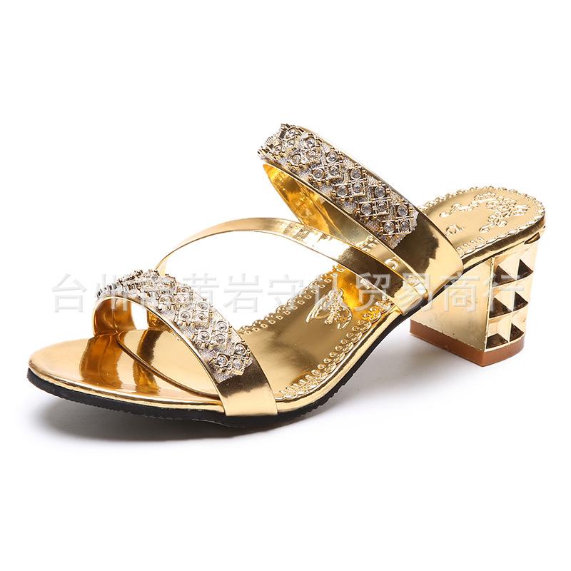Fashion Square Heel Women's Slides with Rhinestone, Korean Summer Ladies Sandals Mid Heel Women Shoes Large Size Slippers Women