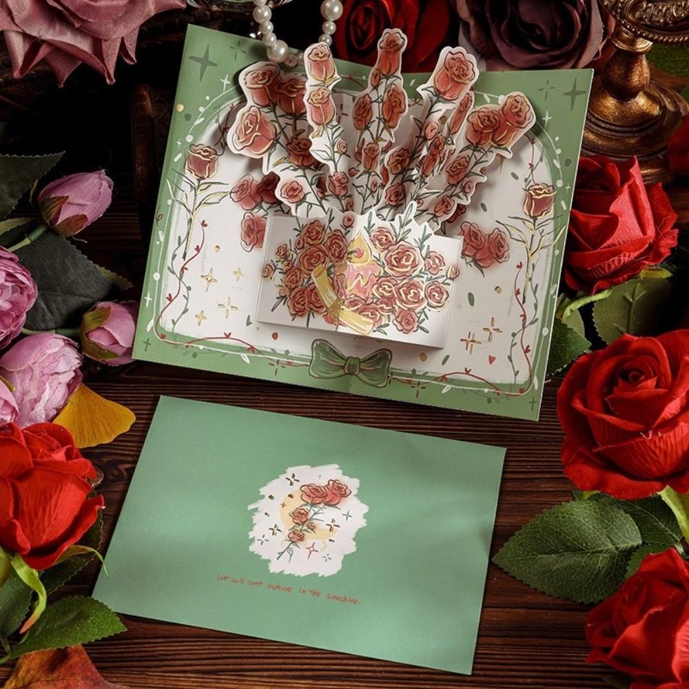 Surprised Pop Up Love 3D Greeting Card with Envelope Rose Valentine's Day Card Flower Thank You Card Wedding Invitations