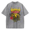 Womans Acid Wash T-Shirts Retro Manga Bees Printing Tops Crewneck Distressed Oversize Cotton Tees Trend Female Clothes