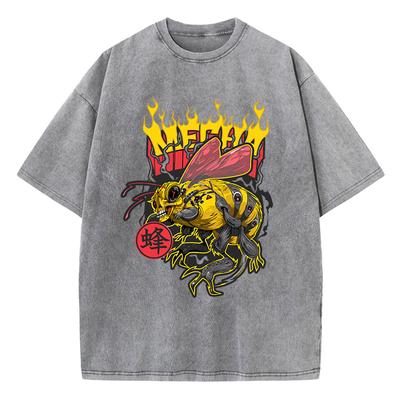 Casual Womans Acid Wash T-Shirts Retro Manga Bees Printing Tops Crewneck Distressed Oversize Cotton Tees Trend Clothes