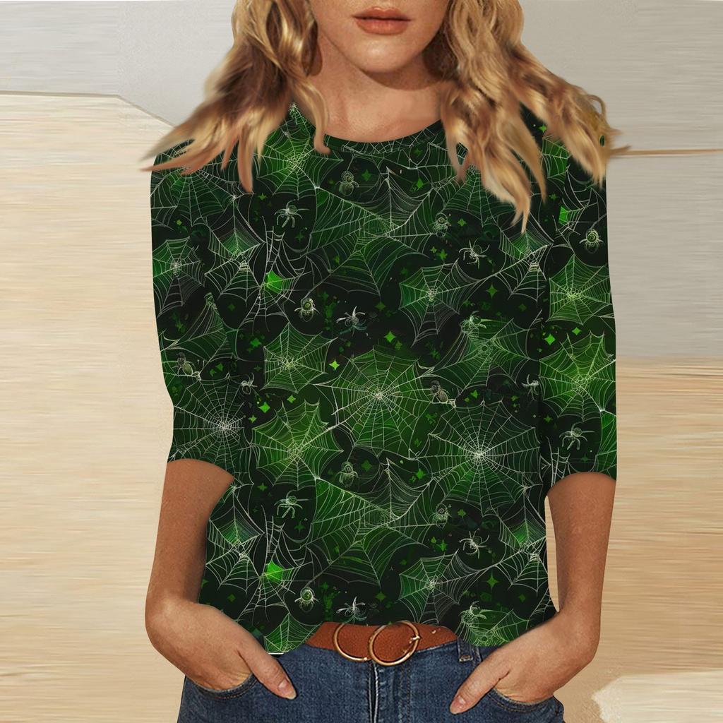 Women's Fashion Casual Three-quarter Sleeve Halloween Printed Round Neck Top