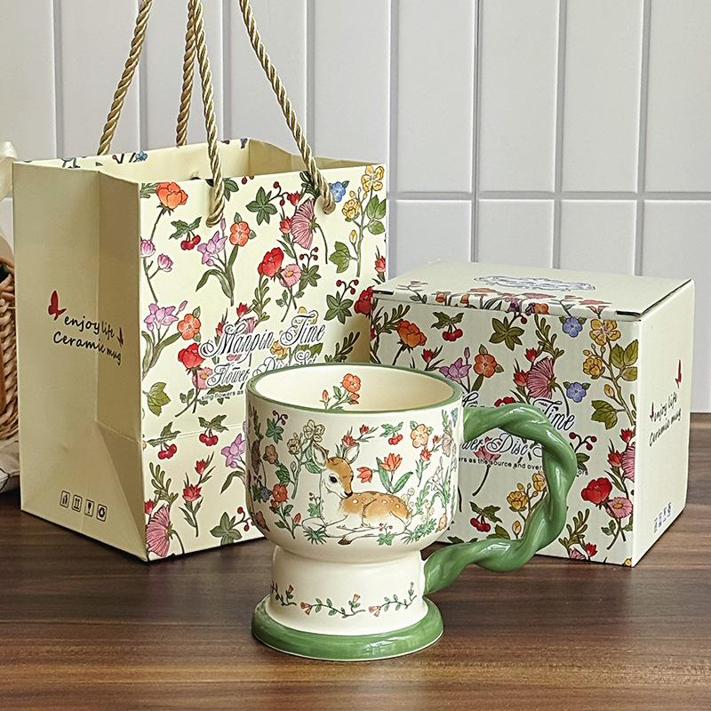 High-value Retro Oil Painting-like Ceramic Mug, High-end Coffee Cup, Girls' Birthday Gift, Practical Souvenir