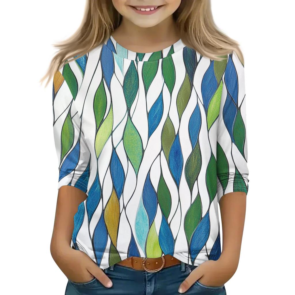 Print Tops For Youth Girls 5-16 Years Round Neck 3/4 Sleeves T-Shirts Trendy Tops Outfit Tees