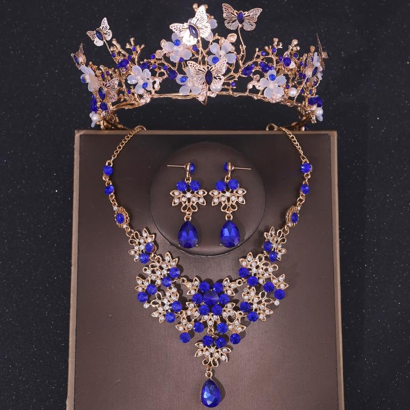 Luxus Kristall Krone Halskette Ohrring Set Strass Schmetterling Braut Schmuckset Braut Hochzeit Haarschmuck Schmuck Krone