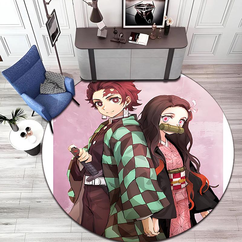 Classic Japanese-style Cartoon Demon Slayer Round Rug, Home Soft Decorative Anti-slip Yoga Mat and Chair Mat, Outdoor Floor Mat Carpet K13