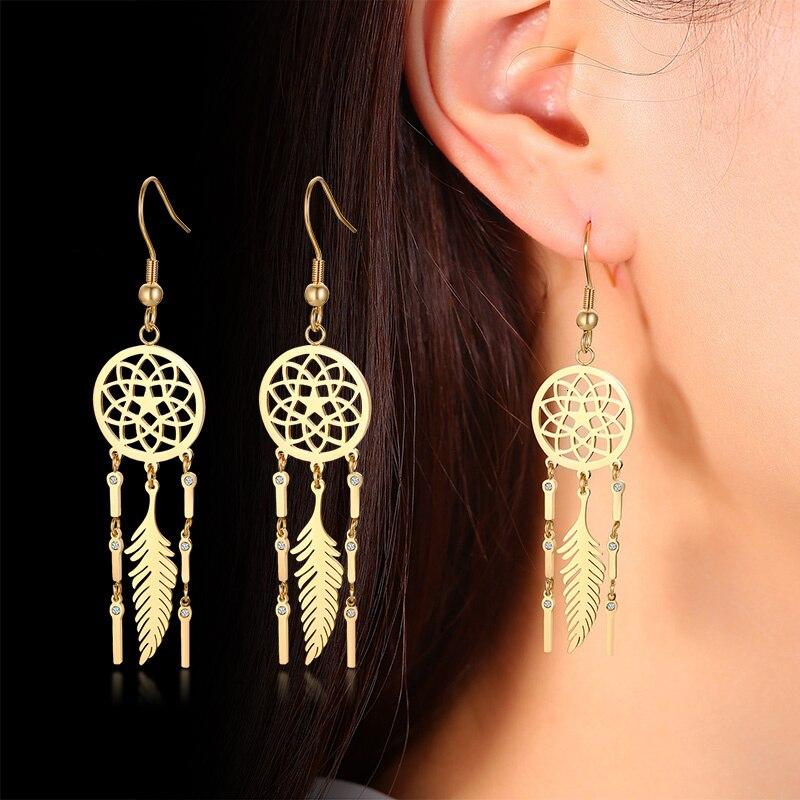 Chic Dreamcatcher Dangle Earrings for Women Solid Gold Tone Stainless