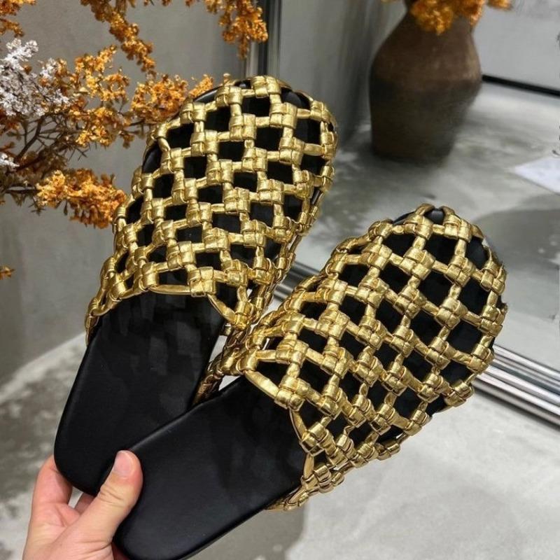 

Fashion Women s Woven Mesh Breathable Flat Shoes Summer New Round Toe Shallow Mouth Soft Sole Anti-slip Wear-resistant Slippers 35 золотой