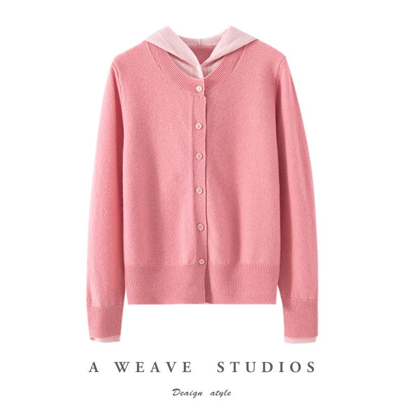 Women's 100% Pure Wool Color Block Cardigan Hoodie - Loose Knit Button-Up Sweater Coat