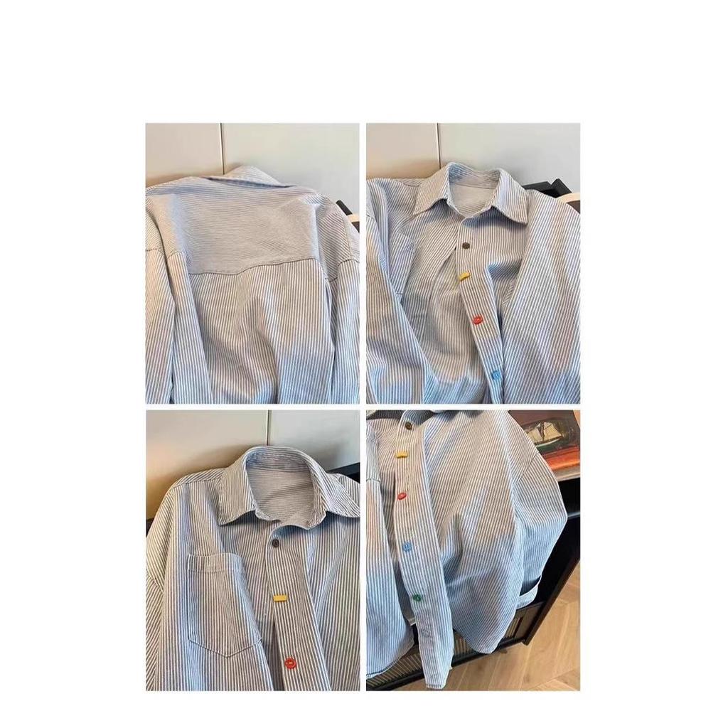 Retro Colorblock Denim Gestreiftes Oversized Polokragenhemd - Langarm, Bunte Knöpfe