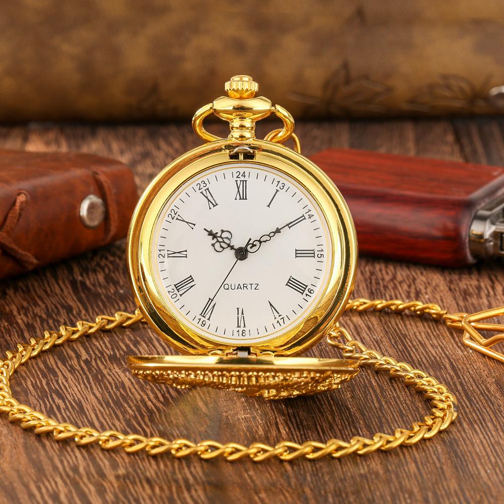Antique Chinese Zodiac Dragon Vintage Quartz Pocket Watch with Chain, Retro Flip Cover Hollow Pendant Christmas Gift