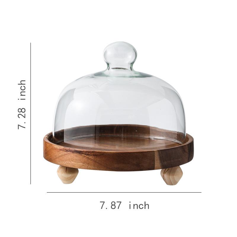 Wooden High Footed Cake Tray Dim Sum Dish Dessert Plate Cake Stand Fruit Bowl Bread Plate Show Plates Dust Proof Glass Cover