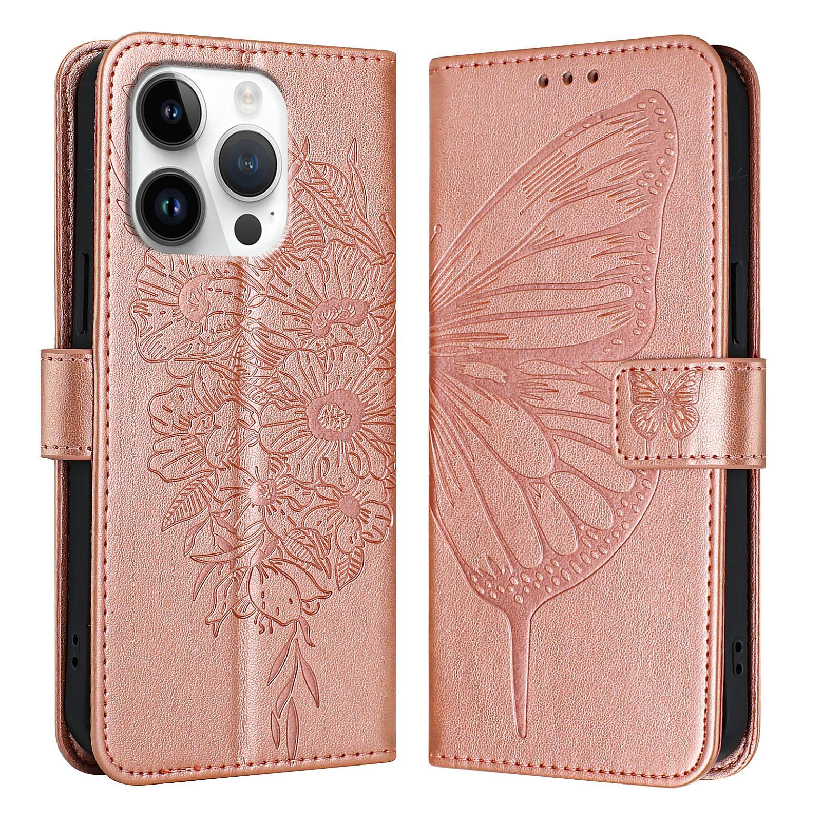 

For iPhone 16 Pro Max Wallet Case with Wrist Strap Butterfly Imprint Leather Phone Cover F