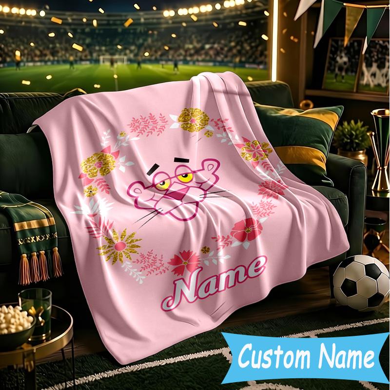 1PC Custom Name Pink-Panther Throws Blanket Flannel Blankets for Couch Bed Gifts for Men Women Travel Picnic Christmas fan Gifts