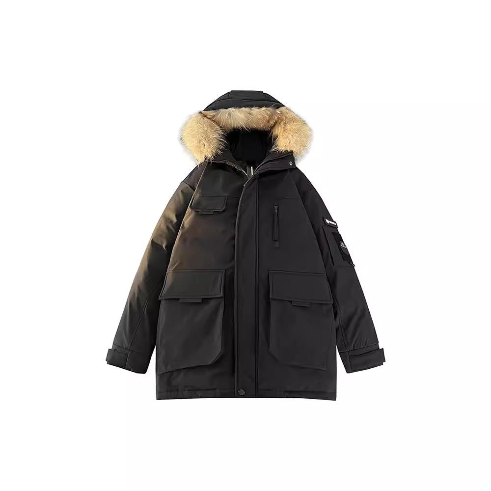 Fashionable autumn and winter warm style overcoming simple big fur collar loose cold-proof mid-length white duck down jacket for men and women