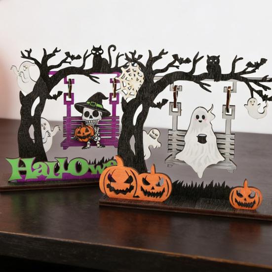 Halloween Wooden Table Decor, 3D Printed Skull Pumpkin Alphabet Letter Decoration, Creative Cartoon Wood Ornament for Party Home