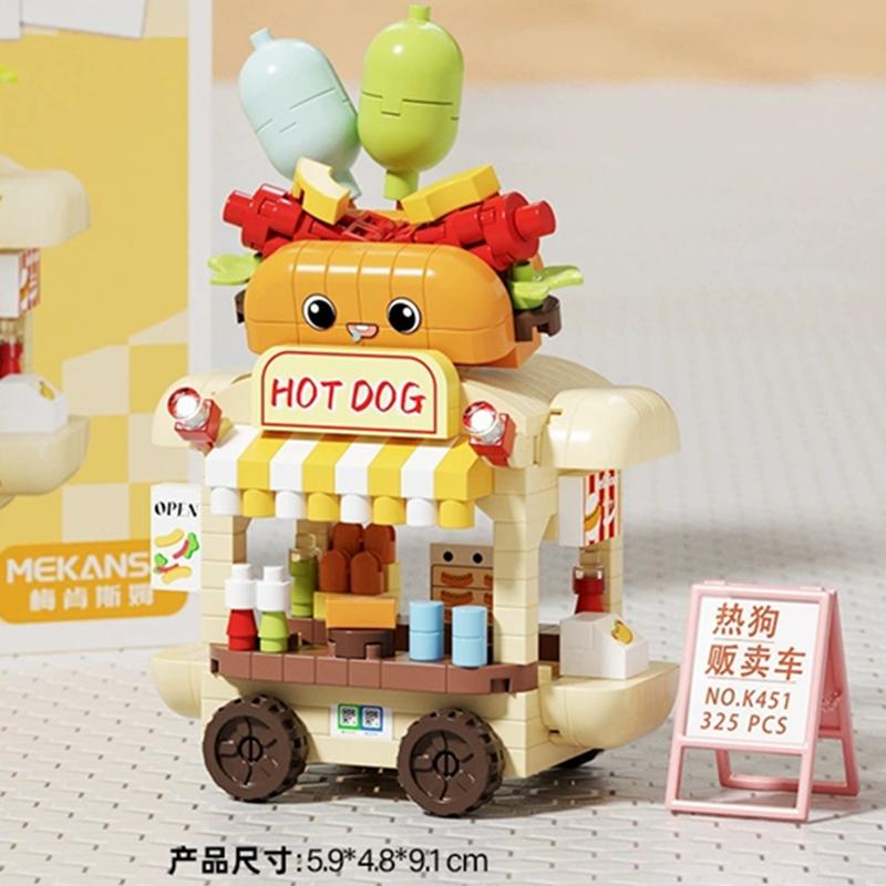 Diy Car Food Hot Dog Cart Truck Ice Cream Store Flower Hamburger Street View Building Blocks Kit Bricks Model Kids Toy Children