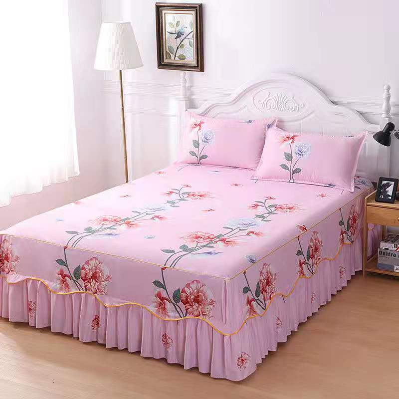 Fashion Soft Sanding Bedspread Anti-skip Wedding Bed skirt Queen King Size No Pilling Fitted Sheet Cover Double Layer Bed Cover