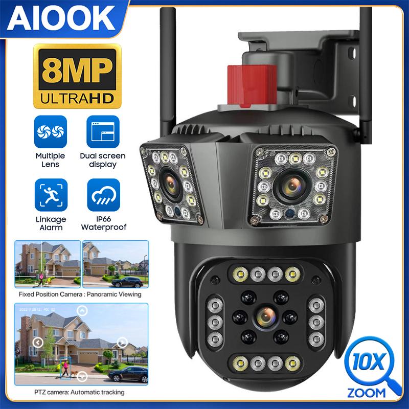 

AIOOK Открытый водонепроницаемый тройной объектив HD 8MP WIFI 10-кратный зум Полноцветное ночное видение CCTV Двусторонняя аудиосвязь Домофон Обнаружение движения Удаленный просмотр