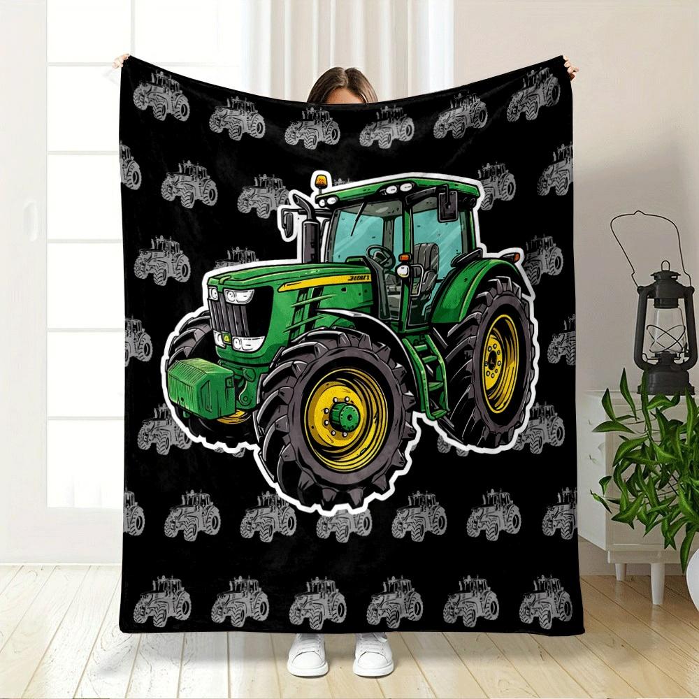 Green Tractor Artwork On a Black Background with Smaller Grey Tractors. for All Seasons Blanket Lunch Break Throw Gift