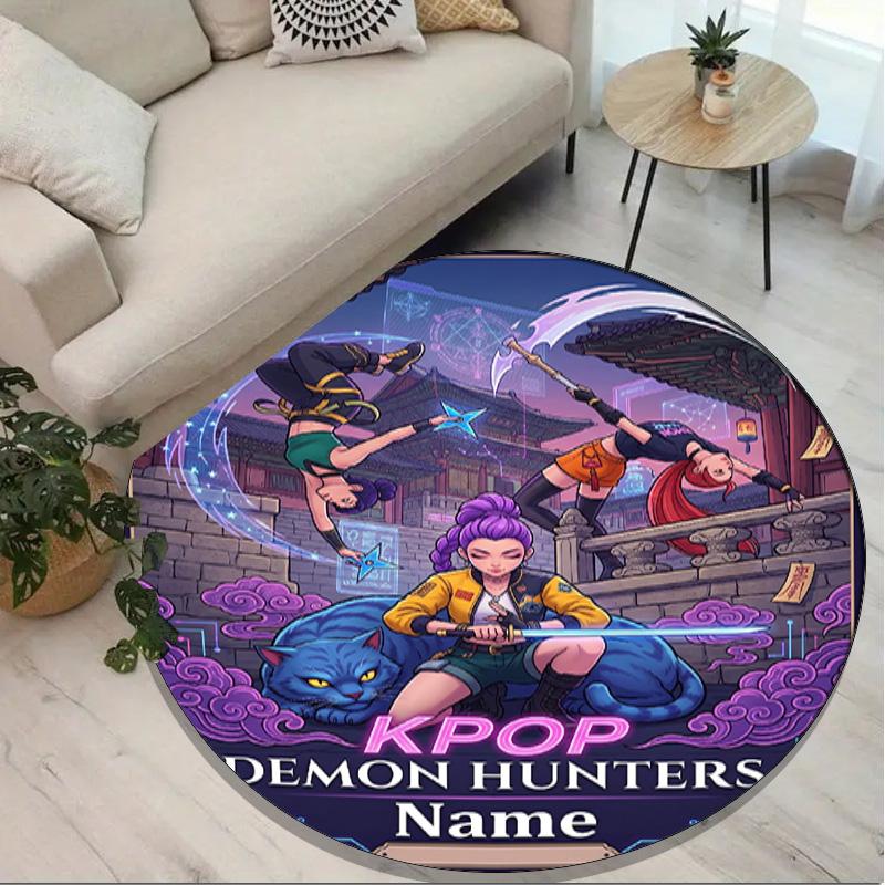 Custom Name Personalized Kpop Demon Hunter Print Round Rug, Versatile Home Decor Carpet, for Playroom, Apartment, Balcony, Entryway, Hallway Gift