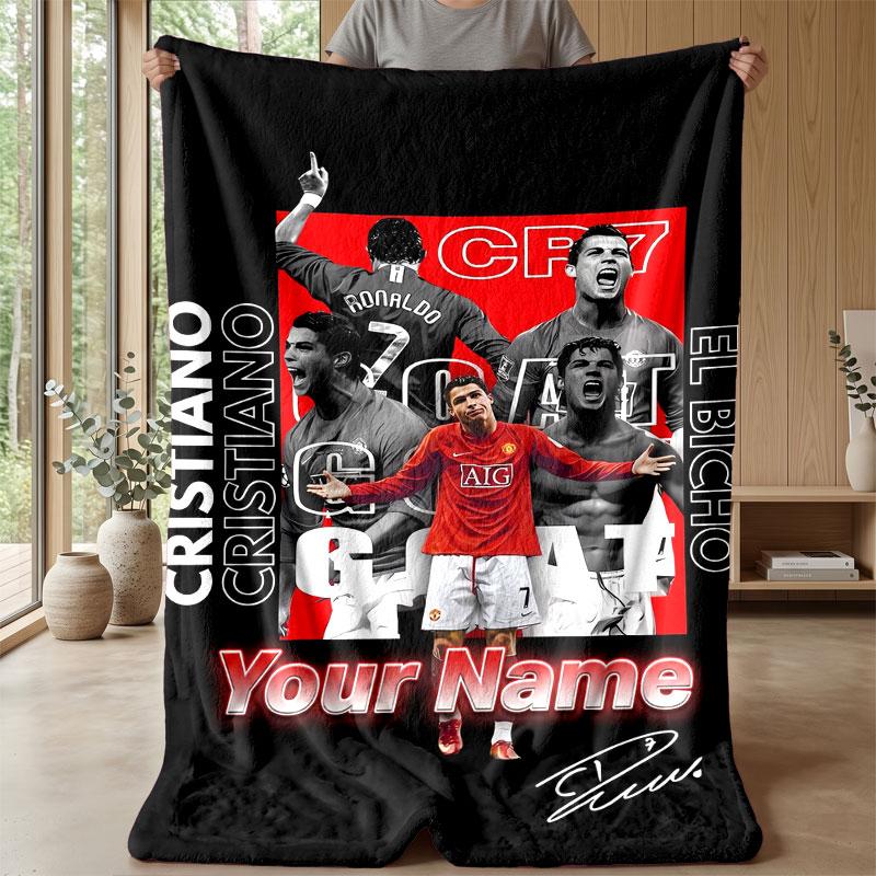 Coperta in Flanella Personalizzata con Nome Cristiano Ronaldo Logo Calcio Coperta Plaid in Pile Personalizzata Regalo Speciale per Divano Camera da Letto Casa