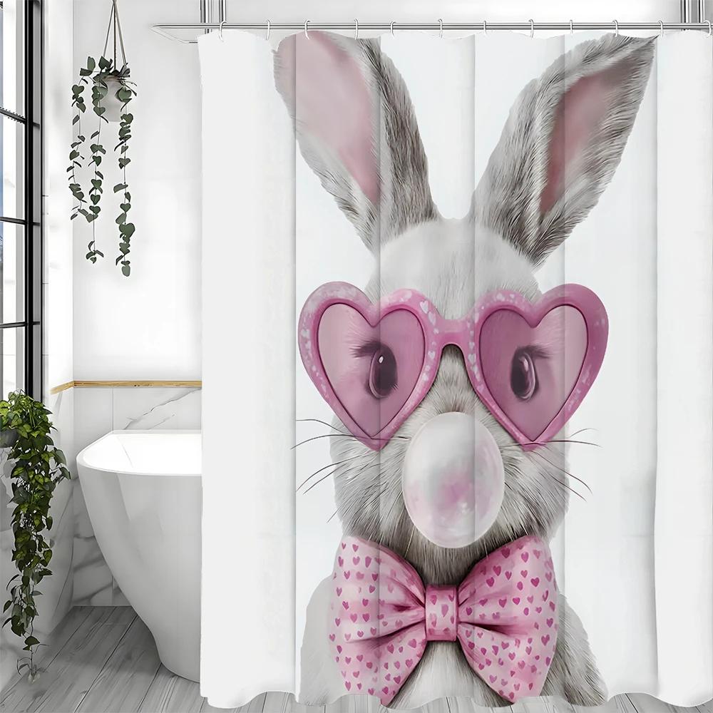 Cute Bunny Cool Shower Curtain, Pink Eyes Bubble Bow Bathroom Decorative Shower Curtain, Waterproof Shower Curtain With Hooks W60H190(CM)-1 Pcs