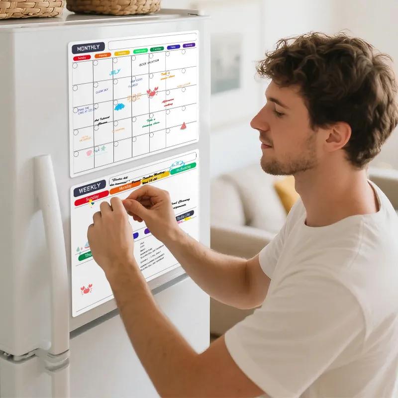 Magnetischer Wochen- und Monatsplaner Wende-Whiteboard für Kühlschrank Büro Tagesablauf-Organisator mit Stiften Radiergummi