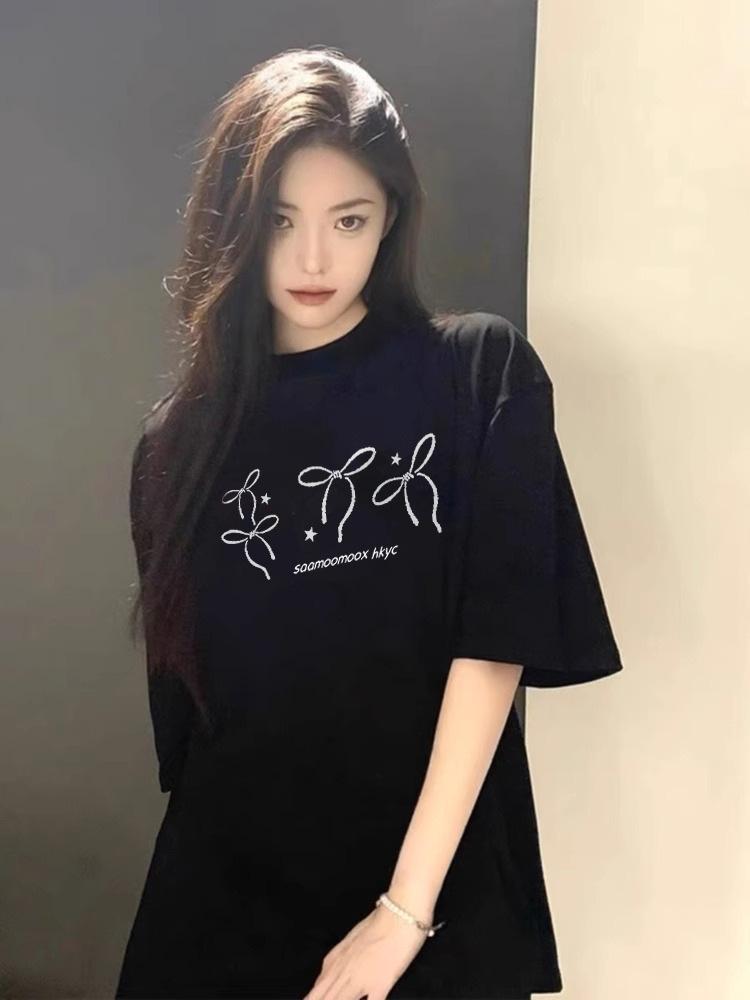 Damen High Street 100% Baumwolle Schleife Kurzarm T-Shirt - Nischendesign Sommeroberteil