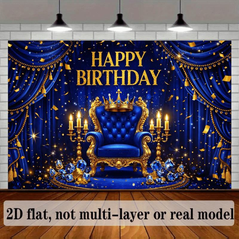 2D planar royal style birthday party banner background navy blue backdrop with the theme of "Happy Birthday"zyc