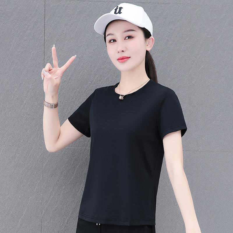 

Женская летняя футболка с короткими рукавами из шелка льда, быстросохнущая, дышащая, повседневная, спортивная, свободная, тонкая, с короткими рукавами 4XL чёрный