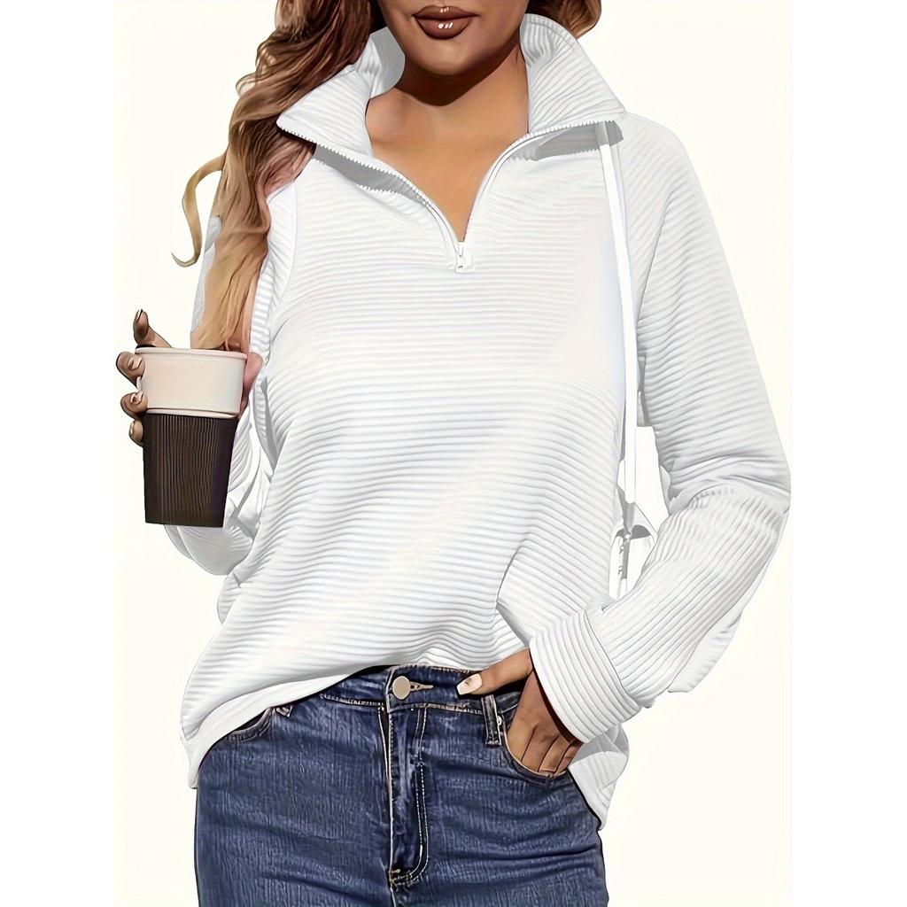 Women's Casual Knitted Zipper Sweater, Long-sleeved V-neck Loose Pullover, Pure Color, Suitable for Wearing In Spring and Autumn, Regular Hem