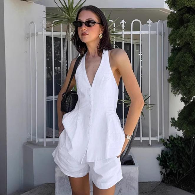 Summer Neck Sleeveless Halter Cardigan Top High Waist Comfortable Shorts Two-piece Fashion Casual Cotton Suit Women