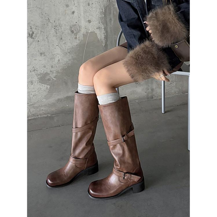 2025 Autumn and Winter Long Legs~! Round Head Thick Heel Thin Knight Boots Belt Buckle Fried Street Wide Tube Boots Women