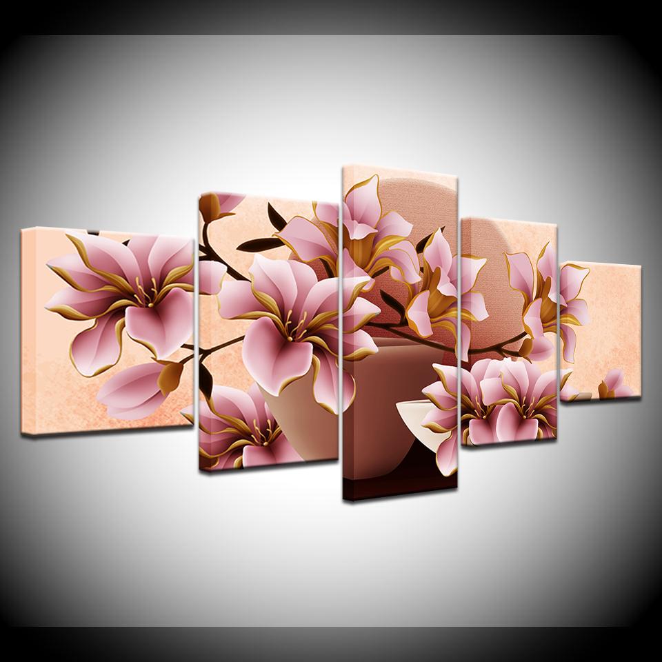 Canvas Painting HD Pink magnolia flowers 5 Pieces Wall Art Painting Modular Wallpapers Poster Print for living room Home Decor