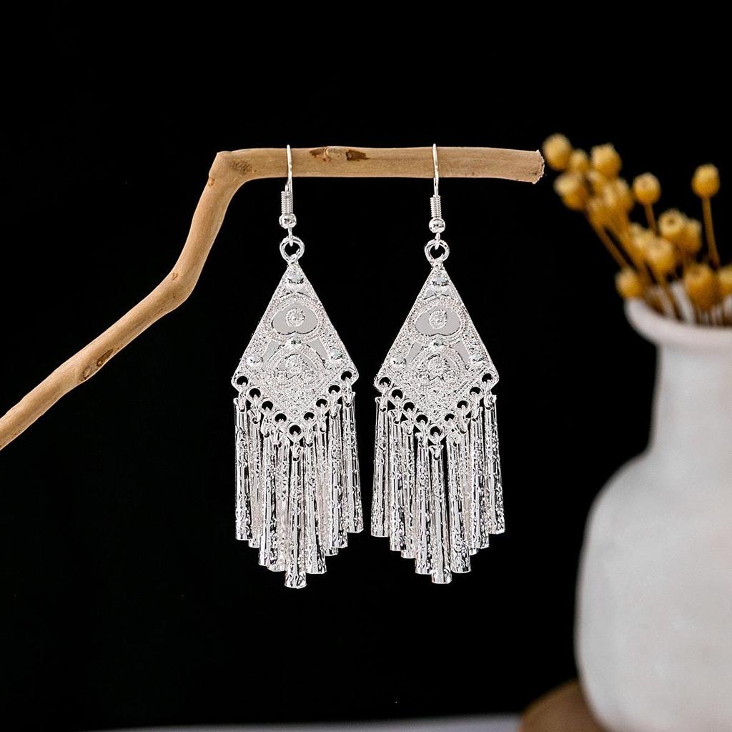 Miao Silver Tassel Dangle Earrings: Ethnic-Style Studs for Women