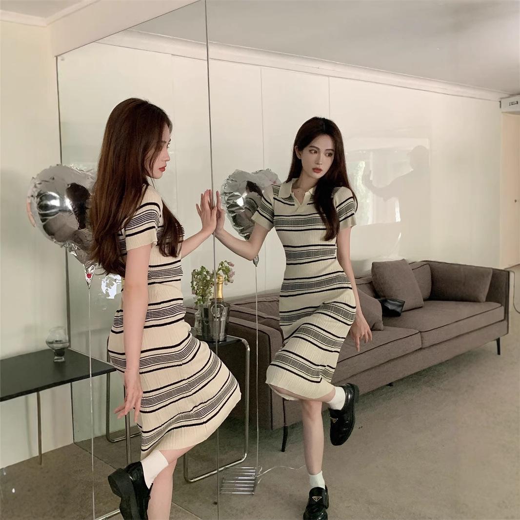 

Women s Summer 2025 Striped Knitted Polo Dress - Slimming, Hip-Hugging Mid-Length Style One Size (Recommended for up to 125 pounds)