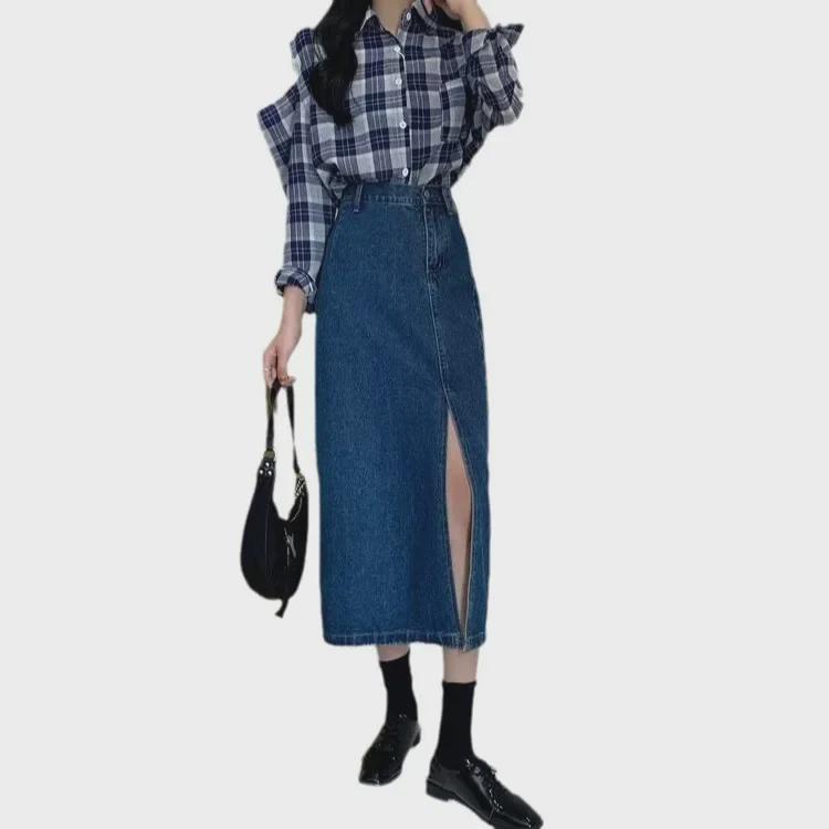 High Waist A-Line Denim Skirt: Women's Retro, Slim Fit, Hip-Wrapped with Slit, Available In Large Sizes, Perfect for Spring and Autumn.