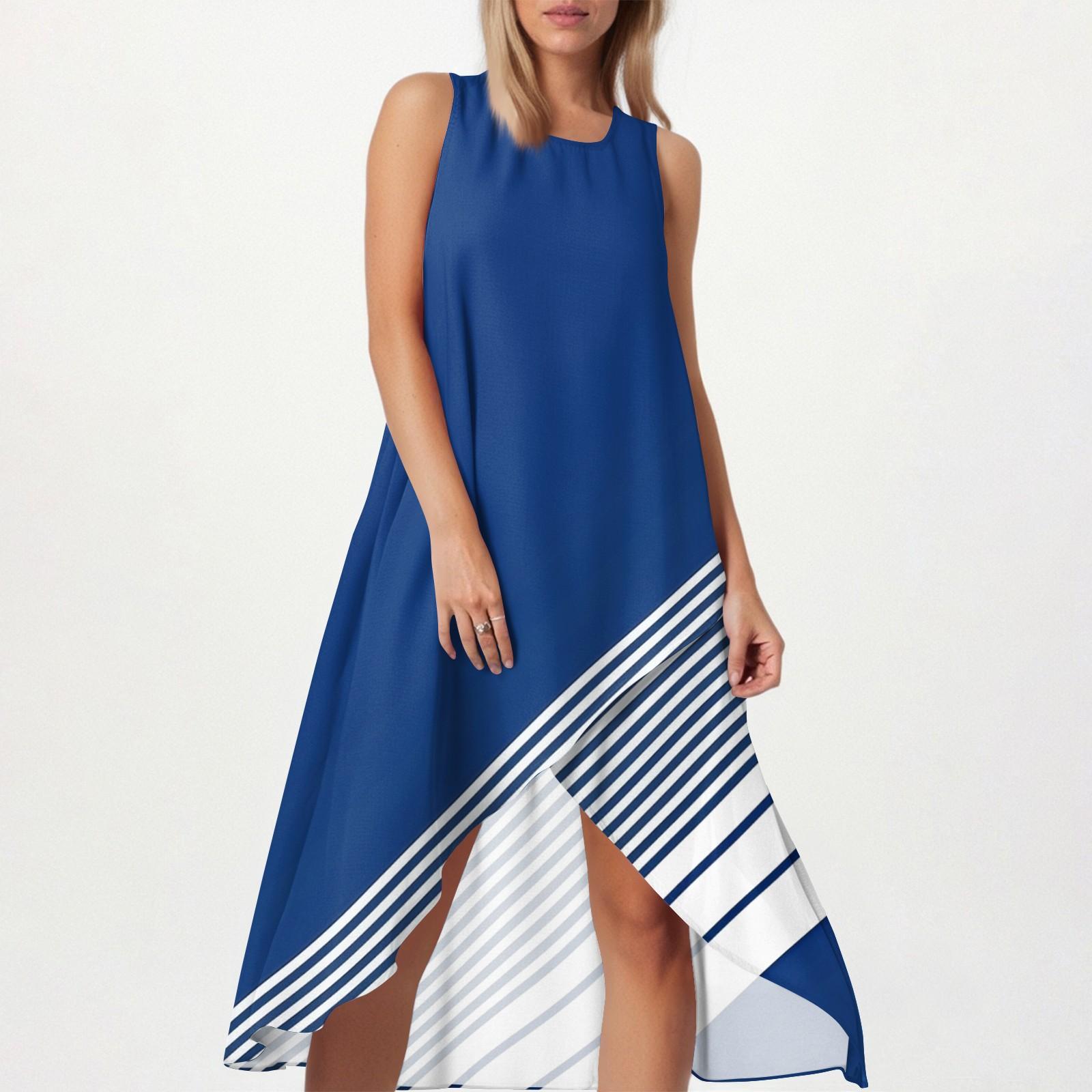 

Women s Loose Casual Fashion Square Round Neck Solid Color Dress Beach Skirt Slit Side Sleeveless Cotton And Linen Skirt XL синій