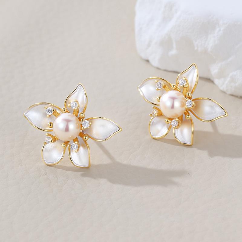 925 Sterling Silver Zircon Fairy Petal Earrings with Freshwater Pearl Design