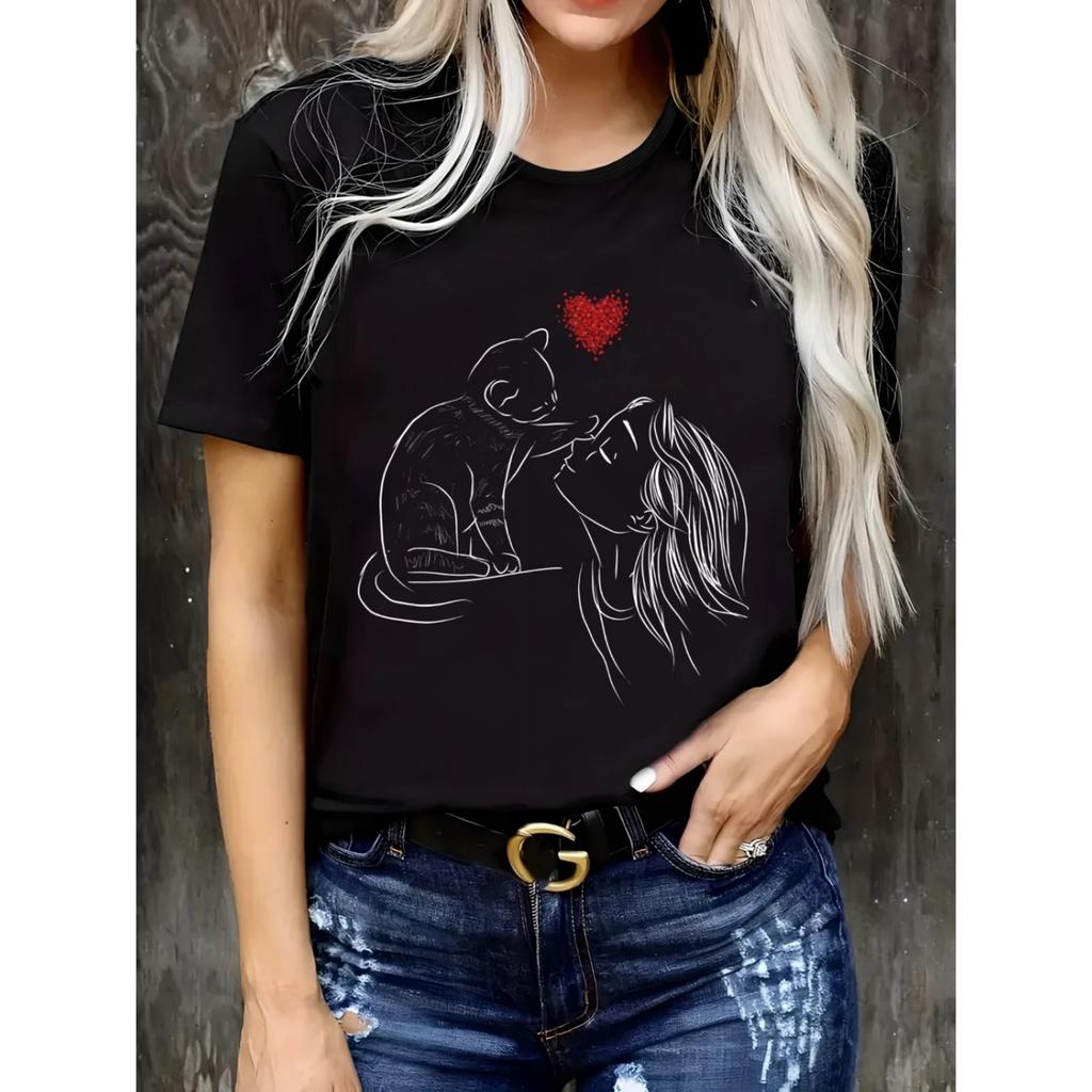 Cat Heart Graphic Tee for Women Minimalist Lines Soft Short Sleeve Crew Neck Top Perfect for Spring Summer