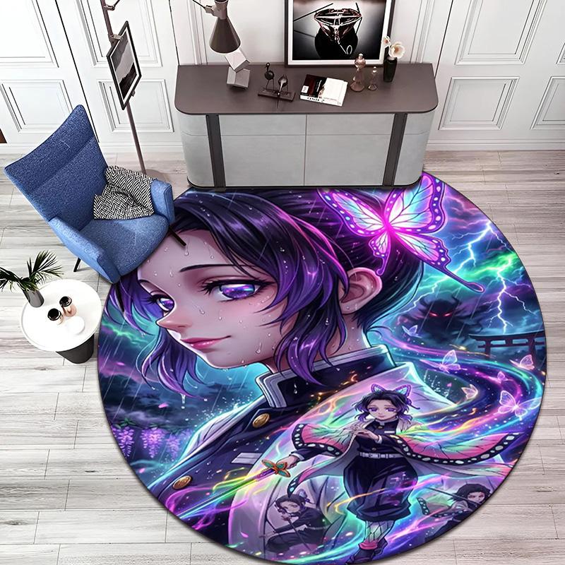 Classic Japanese-style Cartoon Demon Slayer Round Rug, Home Soft Decorative Anti-slip Yoga Mat and Chair Mat, Outdoor Floor Mat Carpet K27