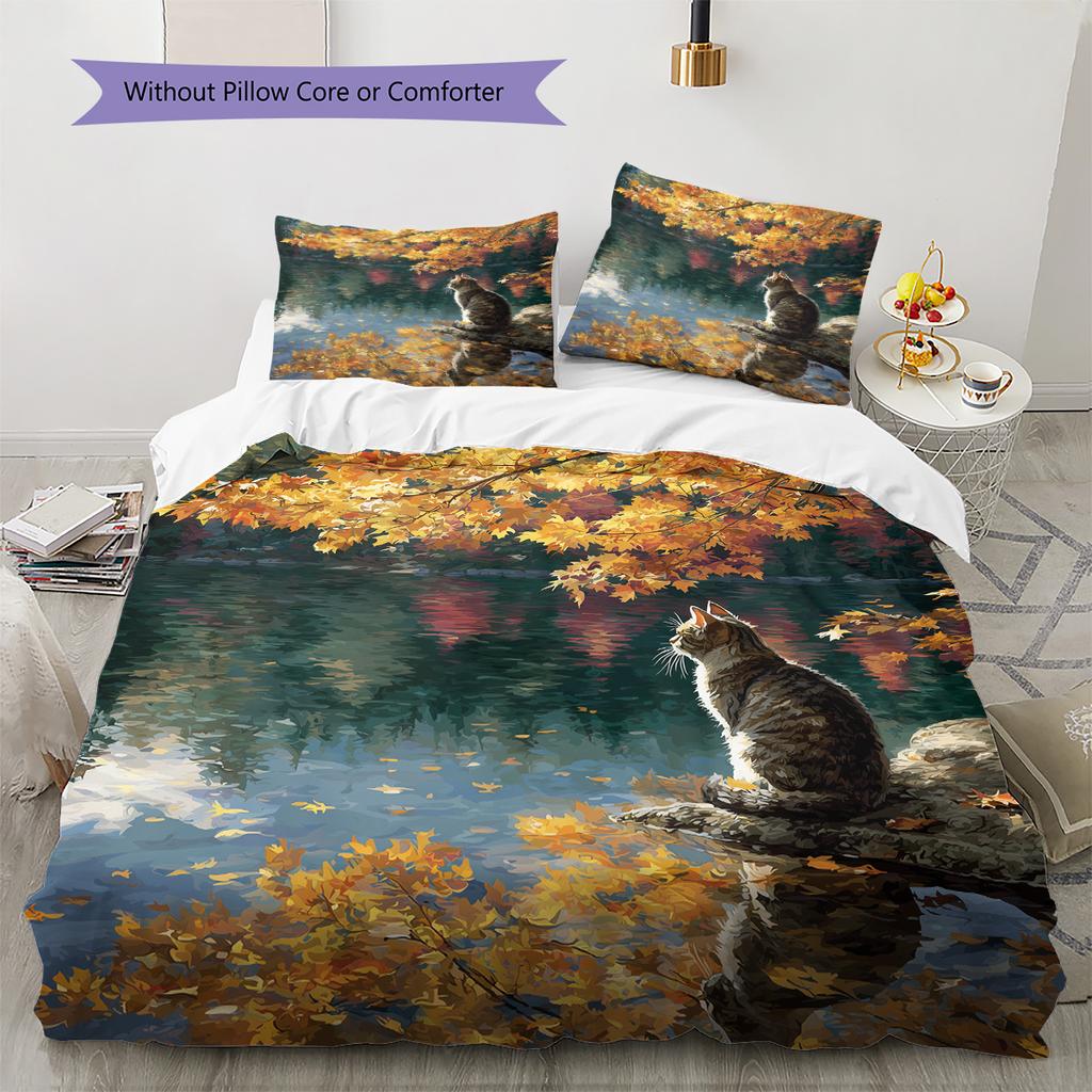 Autumn Leaf Cat Pattern Bedding Quilt Set Quilt Cover Pillowcase Home Decoration Gift (1 * duvet cover + 2 * pillowcase, without core)