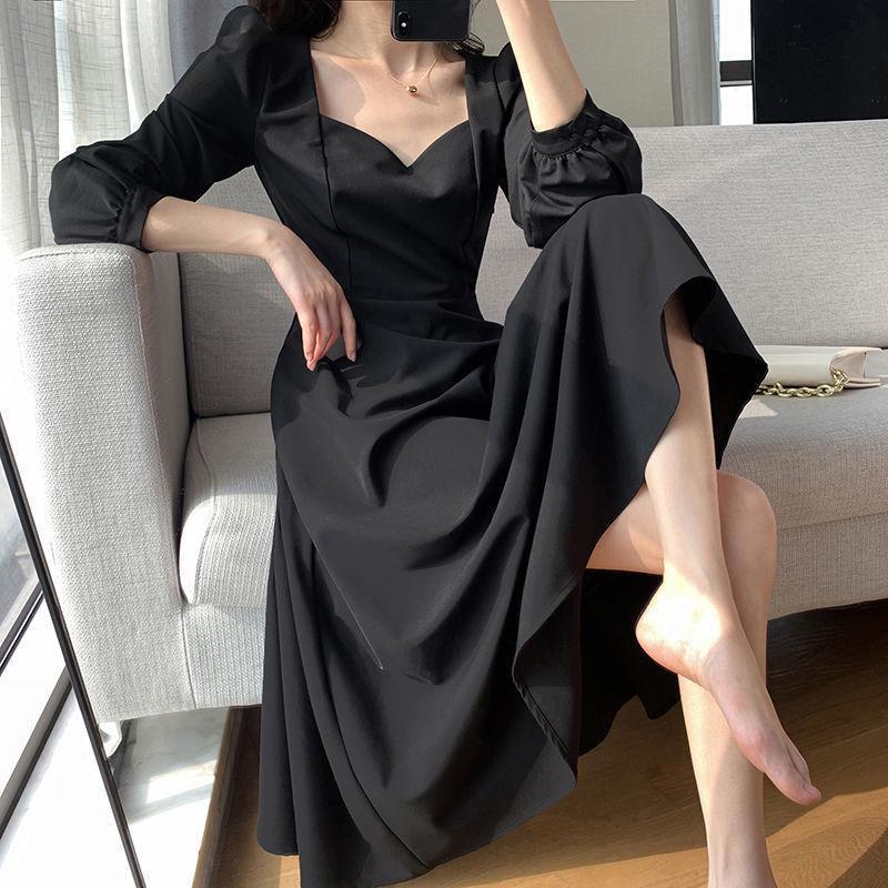 Robe Noire Rétro Style Hepburn Col V pour Femme - Printemps/Automne 2024 Jupe Longue au-Dessus du Genou