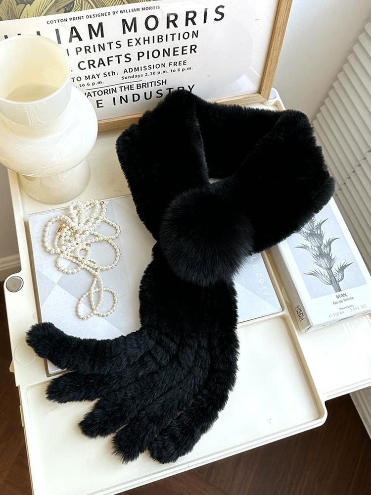 Rex Rabbit Fur Scarf Women's Winter New Tassel Ball Double-sided Warm Scarf Real Fur Collar