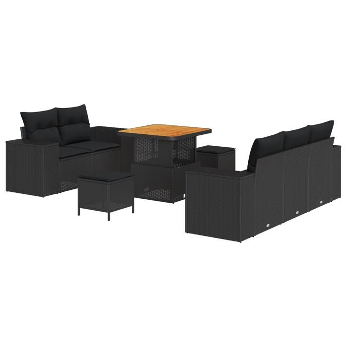 Ensemble de Canapé de Jardin 8 Pièces avec Coussins Noir Poly Rattan Acacia, Ensemble de Salle à Manger de Jardin 3 Pièces 3361944