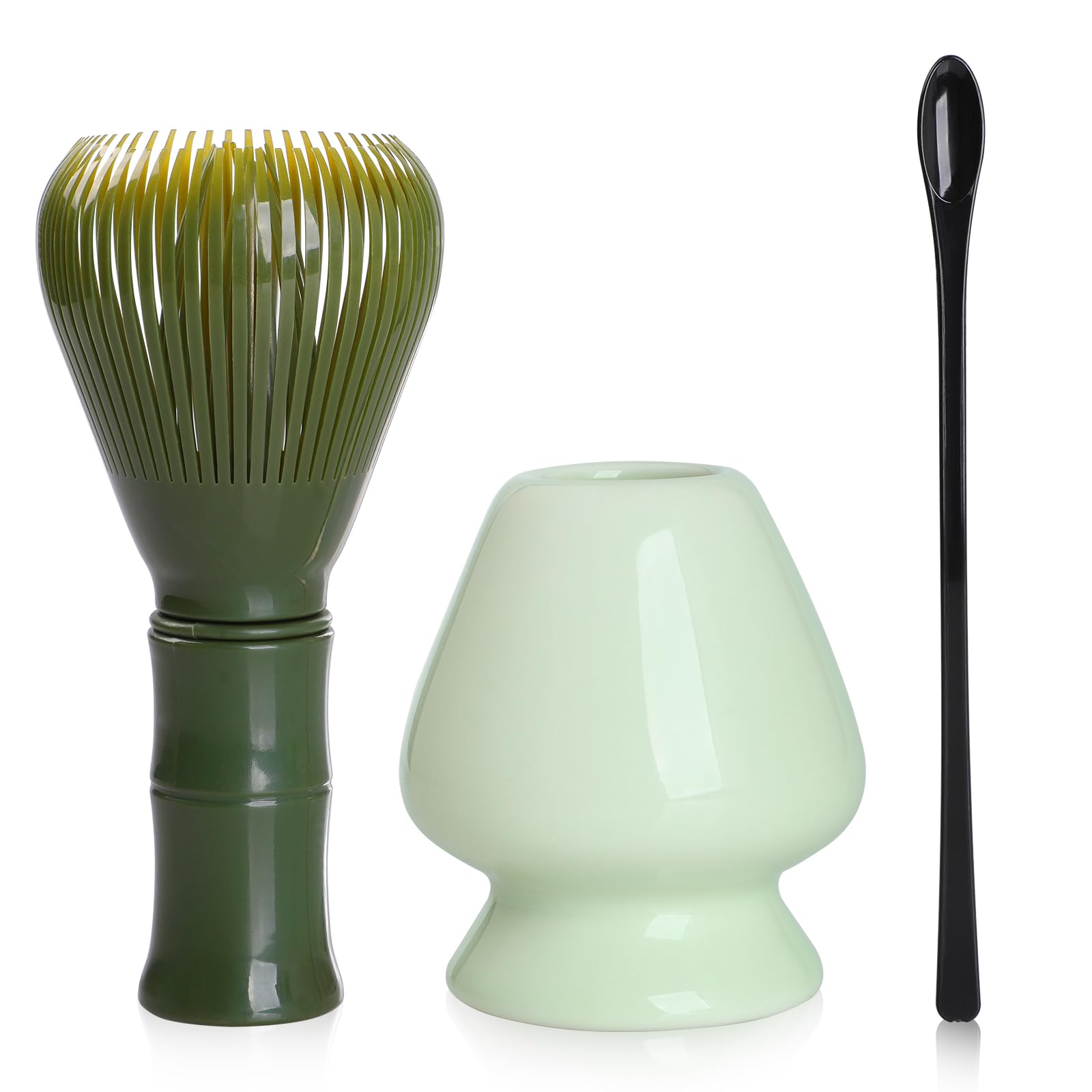 

Bigqin 3-Piece Tea Ceremony Set: 100-Stand Matcha Whisk, Reusable Tea Ceremony Tools, Resin Blender, Tea Spoon, Ceramic Stirring Stand, and