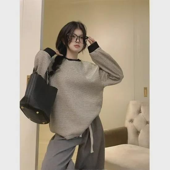 Women's Striped Loose-Fit Pullover Sweater - 2024 Autumn Casual Trend