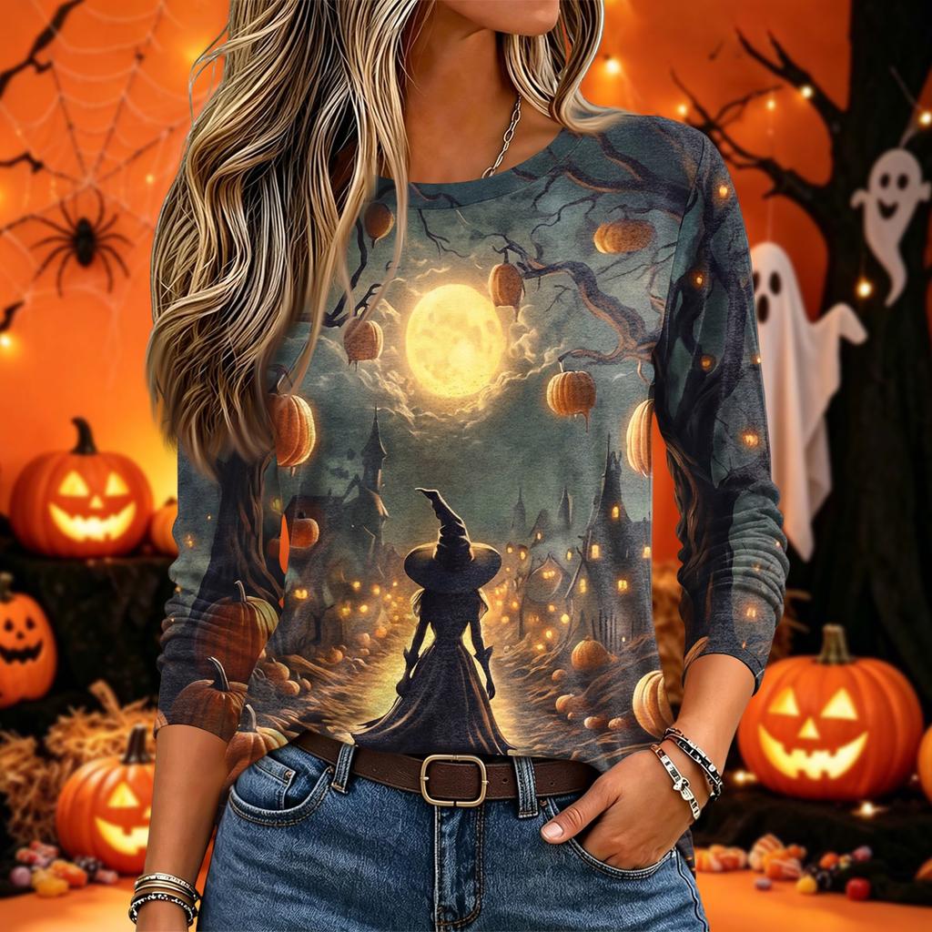 Women's Halloween Printed Neck Long Sleeve Pullover Top