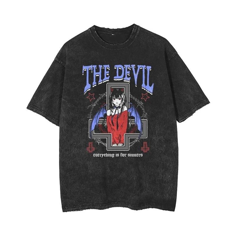 Anime Heren Gothic Printed Washed T-Shirts Women Summer Harajuku Casual Loose Retro Round Neck Short Sleeve Tops T-shirt