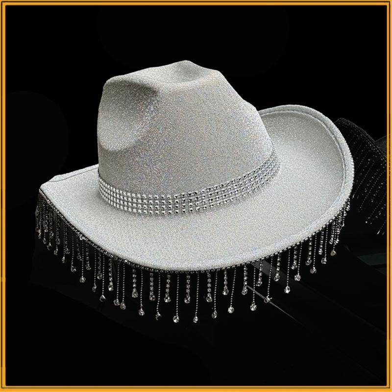 Shimmering Rhinestones Fringed Hat for Women Men Music Festival Fedoras Hat with Large Brims Glittering Powder for Party